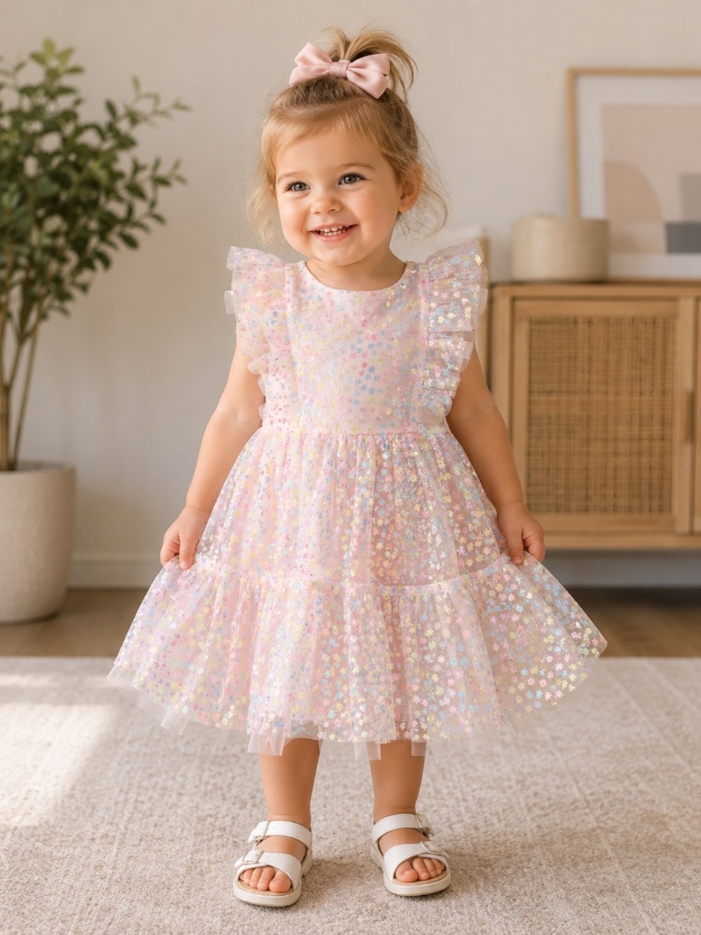 Lola + The Boys Iridescent Pink Daisy Sequins Tulle Ruffle Dress Size 2